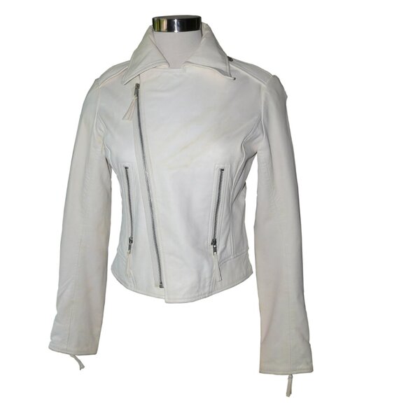 TRUE RELIGION OFF-WHITE SHEEP LEATHER MOTO JACKET BUTTERY SOFT SZ SMALL - Picture 1 of 11